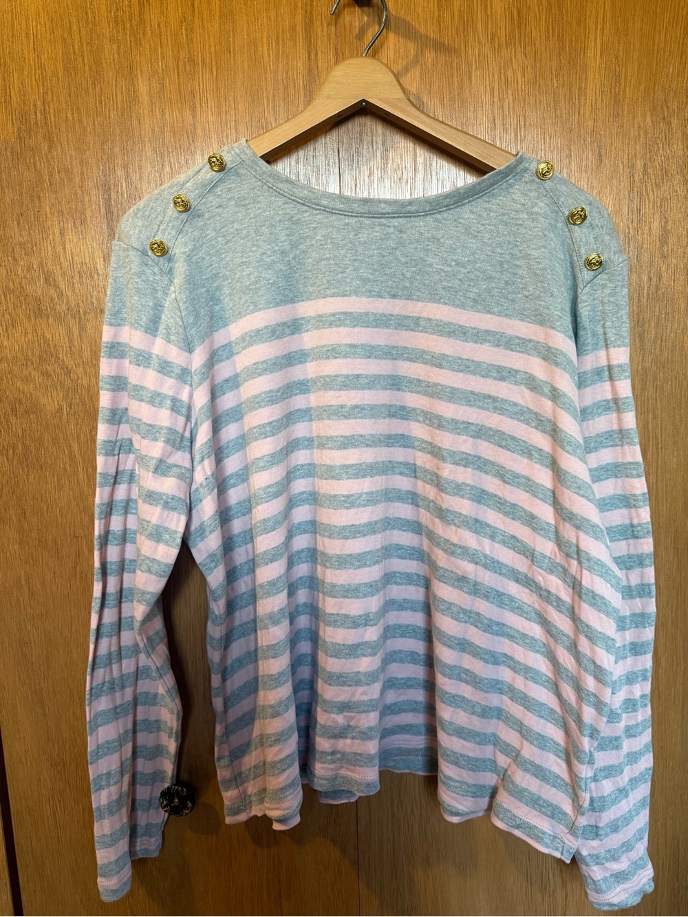 Kim Rogers Petite 100% Cotton Gray and Pale Pink Striped Top with Gold Buttons